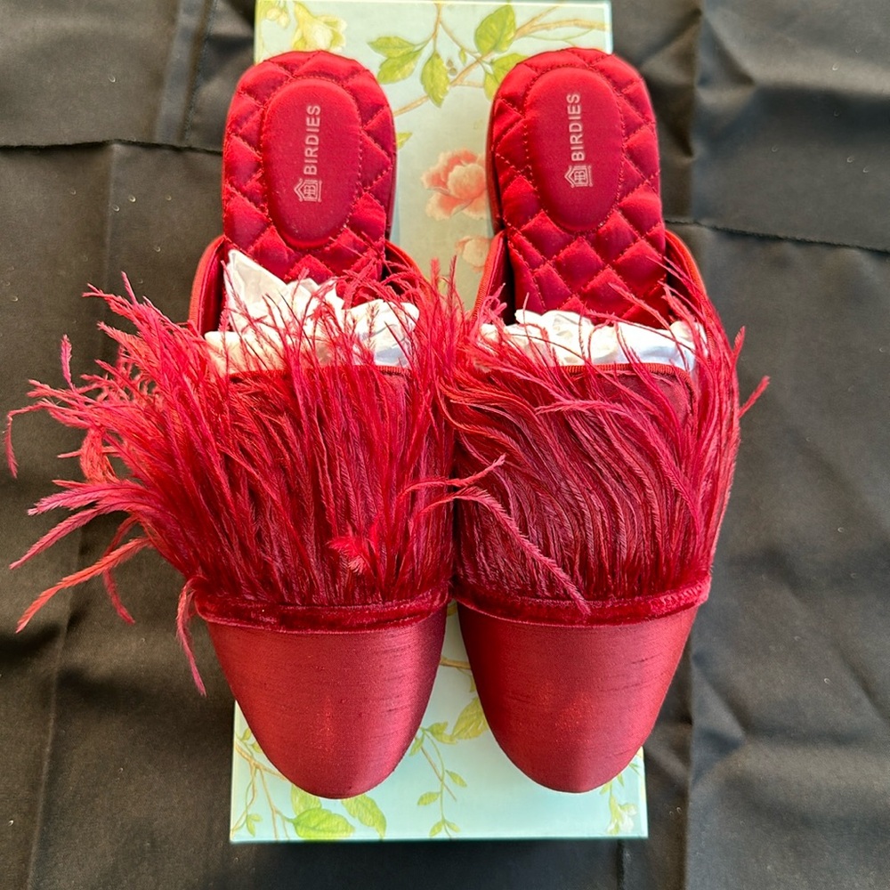 Brand New Birdies The Lovebird with Feathers Slides Merlot Color Size 7.5